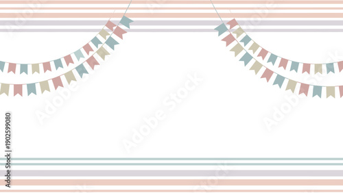 Festive background design with pastel colored flag bunting banners hanging over a soft striped pattern for celebration events.