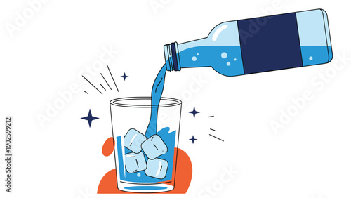 Refreshing graphic showing blue liquid being poured from a bottle with a label into a clear glass containing several ice cubes.