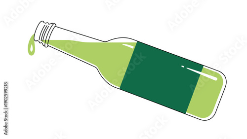 Minimalist illustration of a green glass bottle tilted sideways with a single drop of lime or herbal liquid dripping from its opening.