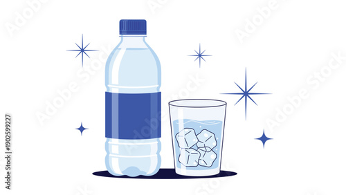 Clean illustration showing a full plastic water bottle next to a glass filled with water and ice cubes on a white background.