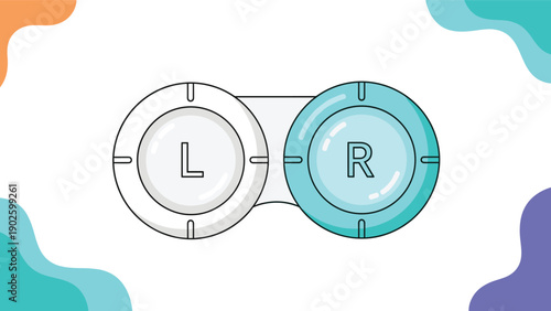 Clean graphic illustration of a contact lens storage case with left and right compartments on a modern abstract background.