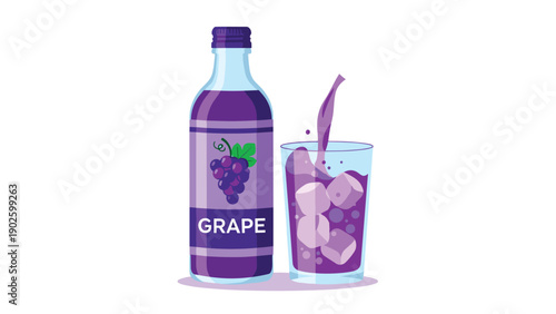 Vibrant illustration of a purple grape juice bottle standing next to a glass being filled with juice and cooling ice cubes.