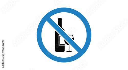 A blue prohibition sign prominently displays a silhouette of a bottle and wine glass with a diagonal red line
