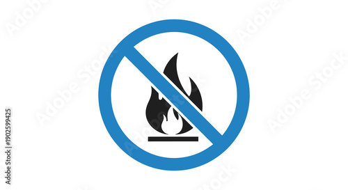 A circular prohibition sign displays a black flame symbol with a diagonal red line indicating no open flames allowed