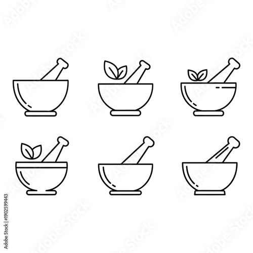 Collection of minimalist mortar and pestle icons with herbs for natural remedies and medicinal illustrations