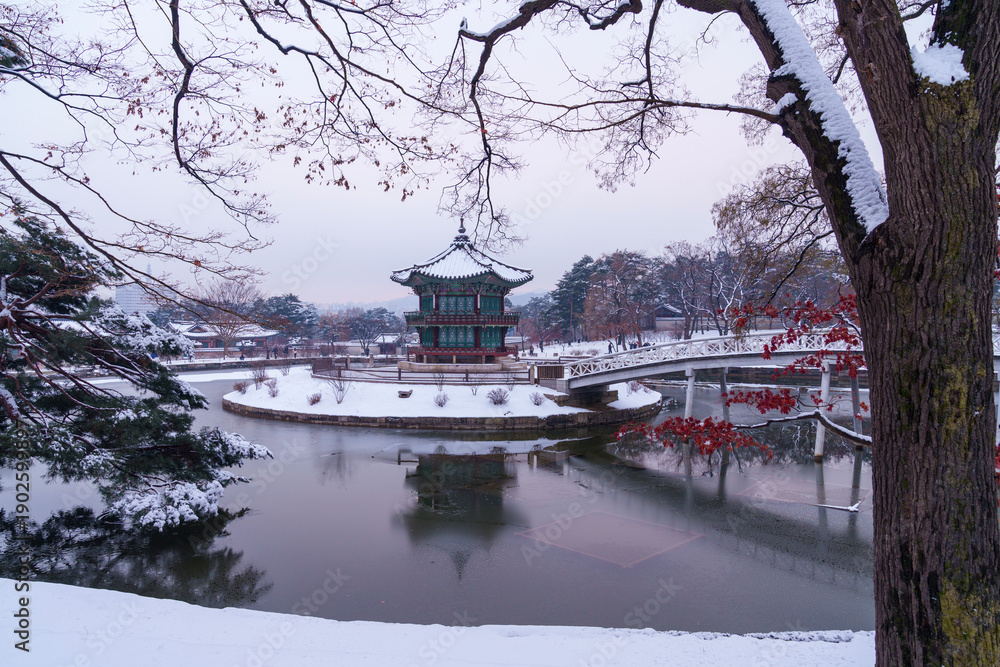 custom made wallpaper toronto digitalSnow during winter. Pavilion.  Palace, Is one of the most popular tourist attractions in South Korea.