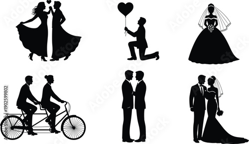 Romantic and wedding silhouette illustration set featuring couples, proposals, brides, tandem bicycle, diverse love themes, and marriage design for celebration, lifestyle, and creative projects