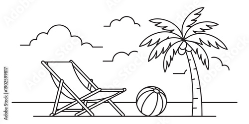 Minimalist line art illustration of a relaxing tropical beach scene featuring a lounge deck chair, a palm tree, and a beach ball.
