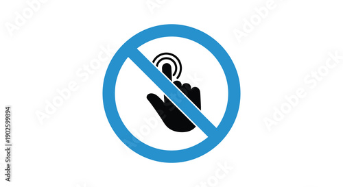 A simple circular prohibition sign displays a black hand symbol interacting with a device indicating no touching allowed high quality