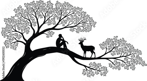 Tree silhouette artwork, human nature harmony, deer encounter, peaceful coexistence, whimsical branch scene, contemplative design, black and white art, flat vector illustration