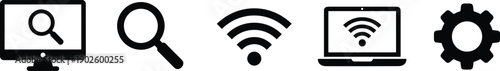 Technology interface icon set with search monitor wifi laptop and settings gear symbols in black style