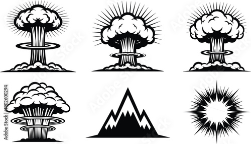 Vector collection of nuclear explosion mushroom clouds, atomic bomb blast silhouettes, mountain peaks and sunburst icons, powerful disaster graphic design elements