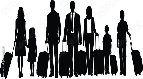 Family and business travelers silhouette with luggage representing travel, tourism, 