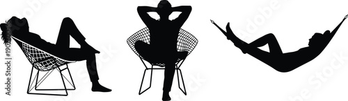 Relaxed people silhouette illustration set featuring chair reclining, sitting with hands behind head, hammock resting pose, and leisure design for lifestyle, comfort, and creative projects