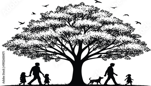 Family silhouette walking under large tree, father mother children dog, 