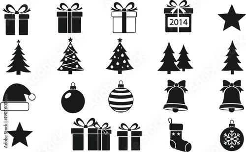 Vector icon set of Christmas holiday symbols, decorated pine trees, gift boxes with bows, santa hat, bells, and winter ornaments, festive decoration