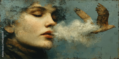 Serene woman with butterfly flying from her mouth, symbolizing dreams, imagination, and freedom in a surreal and artistic portrait