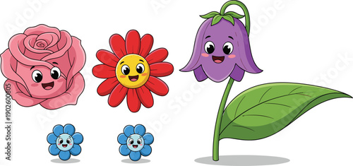 Set of cute cartoon flower characters including a pink rose red daisy and purple bellflower isolated on white background vector illustration