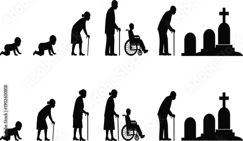 Human life cycle silhouette from birth to death showing aging, mortality, time passage, disability, remembrance, cemetery, final journey