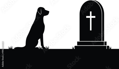 Loyal dog silhouette sitting beside grave with Christian cross symbol representing grief, loyalty, loss, remembrance, death, mourning, faith
