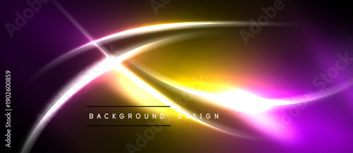 Abstract neon lines create vibrant energy. Purple, yellow, pink hues blend, forming dynamic background design. Light radiates, captivating viewer.