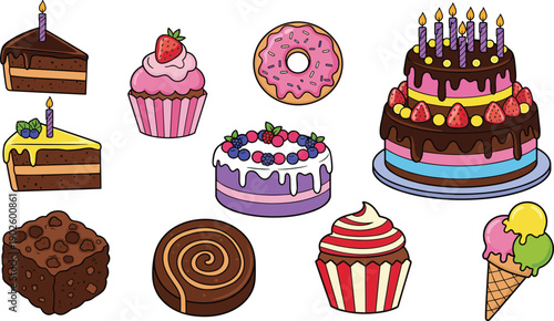 Selection of delicious sweet desserts including chocolate birthday cake with candles cupcakes donuts brownie and ice cream cone on white background