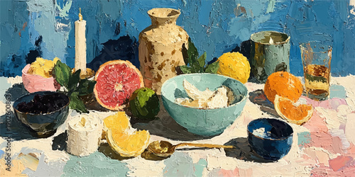 Vintage classical still life painting of a fruit bowl arrangement on a table