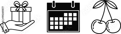 Line icon set with gift hand calendar and cherry symbols for celebration schedule and food themes