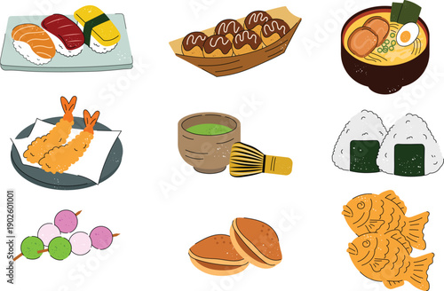 Collection of delicious Japanese food illustrations including sushi, ramen, tempura, and mochi
