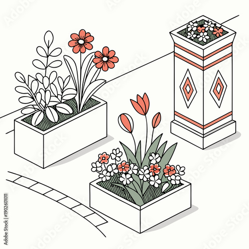 Colorful flowers in white planters on sidewalk