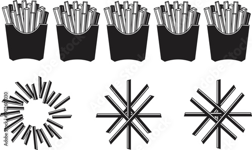 Vector illustration of french fries in paper boxes and potato stick patterns, minimalist black and white food icons, snack branding template