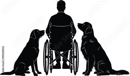 Man in wheelchair with loyal dogs silhouette, disability support, companionship, assistance animals, independence, trust, care, strength, emotional bond