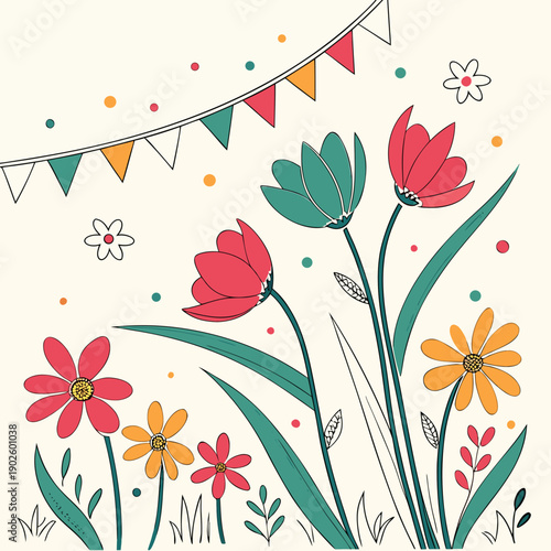 Colorful flower banner with red orange and green flowers