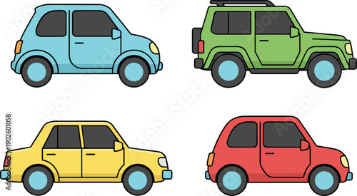 Colorful cartoon car collection with compact and suv vehicle illustrations for transport, travel and automotive design