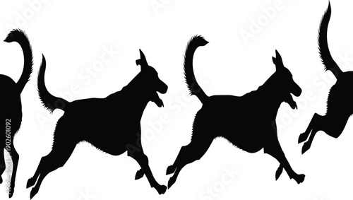 Running dog silhouette sequence showing playful motion, energetic movement, freedom, speed, agility, active pet behavior, black animal illustration