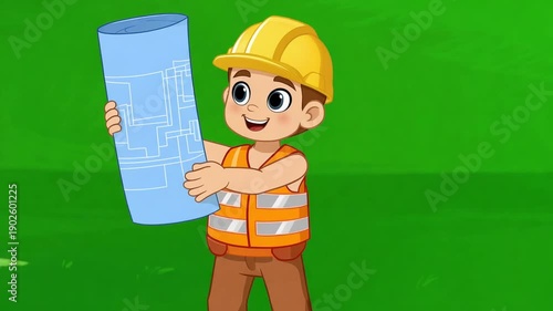 A smiling cartoon construction worker in a yellow hard hat and orange vest holding blueprints in a green background