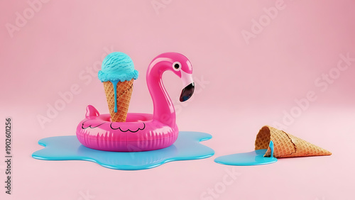 Pink Flamingo Float with Melting Blue Ice Cream on Pastel Background, Surreal Summer Concept
