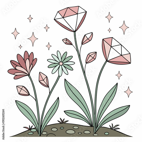 Crystal flowers and gemstones growing in garden soil with sparkles