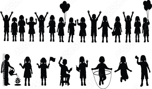 Silhouette children in various activities, reading, watering plant, jumping, holding flag, balloons, playful poses, black outline illustration
