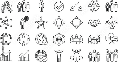 Vector set of business line icons featuring teamwork, global communication, corporate leadership, professional networking, financial growth, and successful partnership, isolated icons