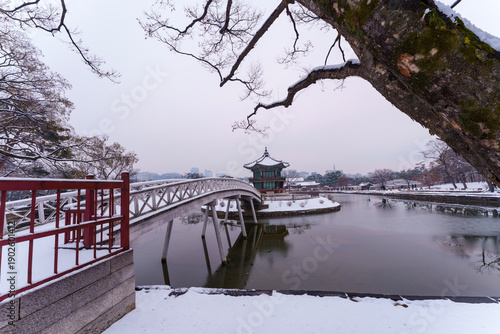 Wallpaper Mural Snow during winter. Pavilion.  Palace, Is one of the most popular tourist attractions in South Korea. Torontodigital.ca