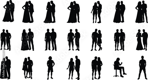Vector set of romantic couple silhouettes in various poses including wedding pairs, casual partners, and individuals, isolated black graphic icons, professional illustration