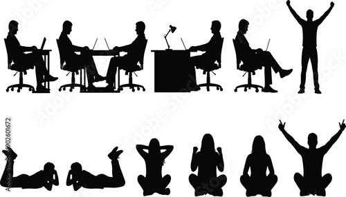 Silhouette people working and relaxing, laptop users, meditation poses, desk scenes, peace signs, contrast lifestyle, black outline illustration