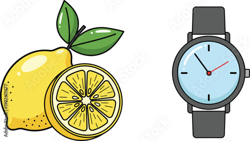 Lemon fruit and wristwatch illustration set combining freshness and time concept in colorful cartoon style
