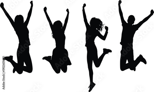 Silhouette people jumping with raised arms, joyful motion, celebration pose, energetic leap, black outline, expressive movement, minimalist illustration