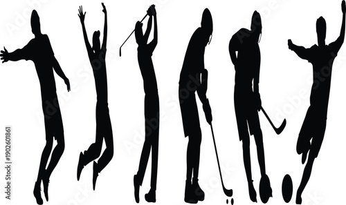 Silhouettes of athletes in action, volleyball, basketball, golf, field hockey, ice hockey, soccer, sports motion, black outline illustration