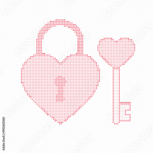 Red heart lock and key pixel art, Romantic heart lock key design