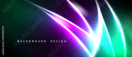 Abstract neon lines create vibrant gradient effect. Dark background emphasizes bright colors, modern design element.