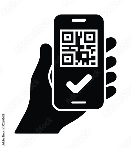 Vector illustration of smartphone held in hand displaying QR code and checkmark