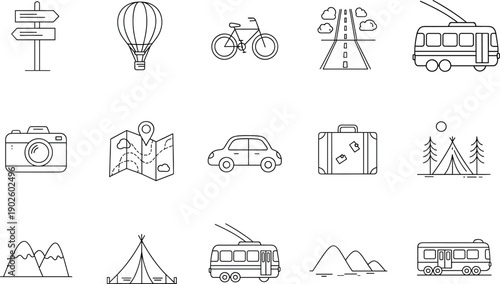 Professional vector icon set for travel adventure and camping including mountains tents backpacks hot air balloons maps and transportation.
